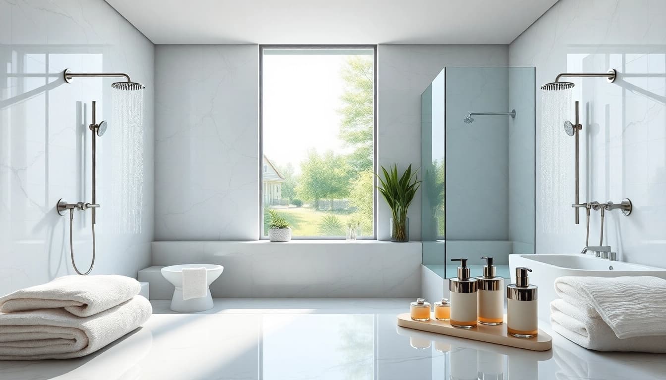 Experience elegant showers in a luxurious bathroom designed for tranquility and style.