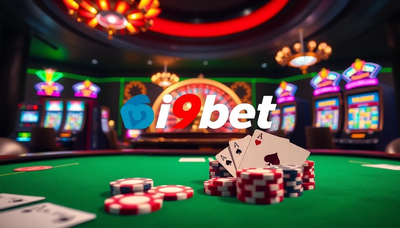 Experience thrilling gambling action at i9bet with a vibrant casino scene showcasing slots and poker.