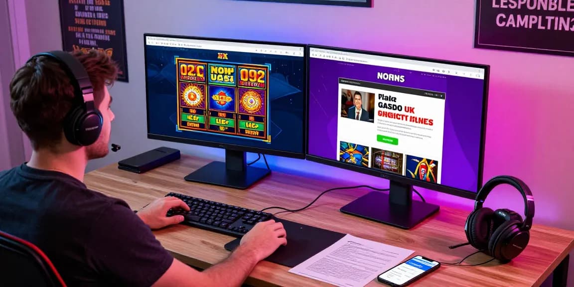 Engaging scene of UK player exploring non uk casinos for uk players with vibrant gaming setup.