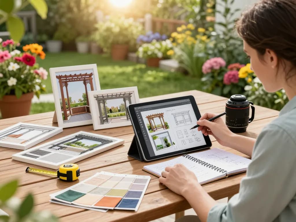 Designer using pergola configurator app to create a unique outdoor space
