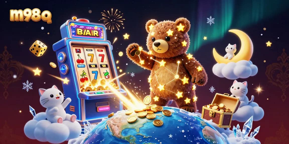 Scoop coins from Earth in m98 q, while a constellation bear and shooting fish animate the gaming scene.