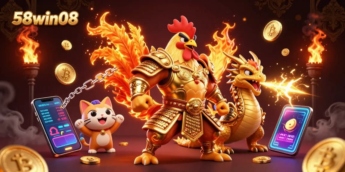 Engage with thrilling gameplay at 58win08, featuring a fierce rooster warrior and dragon in a vibrant casino scene.