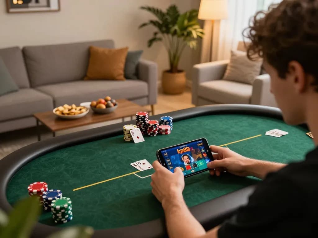 Player engaged in kp88 casino mobile poker game, cozy living room setting with warm lighting and snacks.
