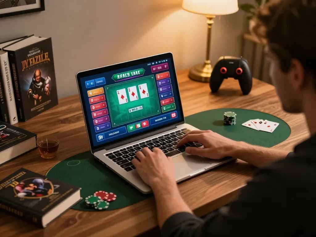 Player engaged in online poker at home with sanclub app open, showcasing strategic gameplay.