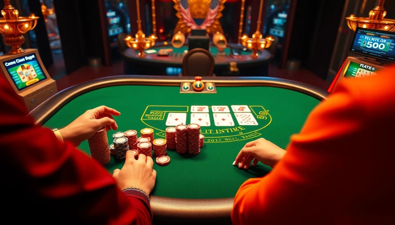 Exciting poker gameplay at rikvip.gb.net with stylish cards and vibrant chips on a dealer table.