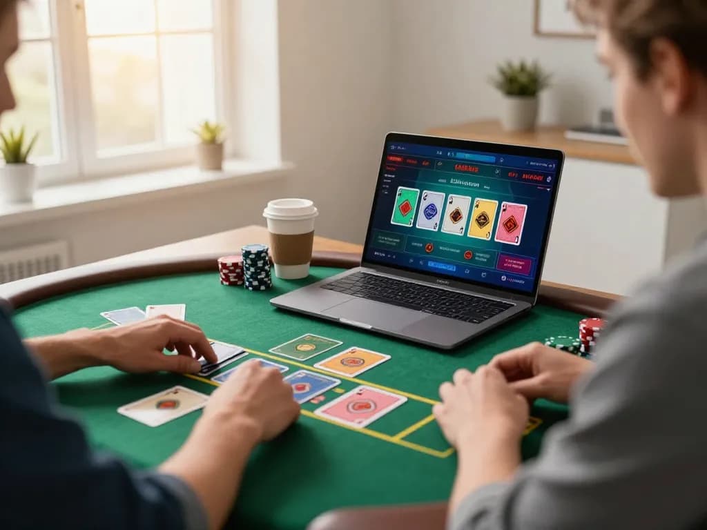 Engaged user playing blackjack at home via c168 online platform showcasing colorful cards and a modern setup.