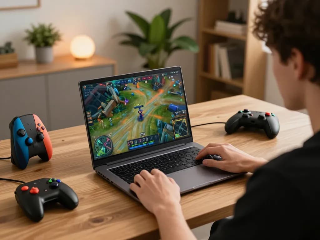 Playing game sc88 on a laptop in a stylish home setup with vibrant graphics.