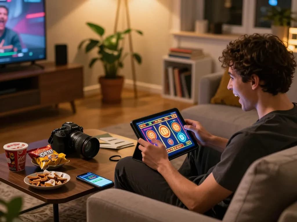 Player engaging in slot games on tablet while enjoying snacks and using open88ss betting app in cozy home setting.