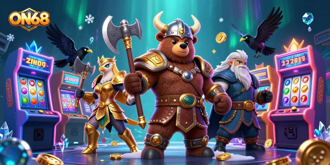 Play thrilling casino games with ON68 in an action-packed 3D scene featuring a Viking bear and Valkyrie eagle.