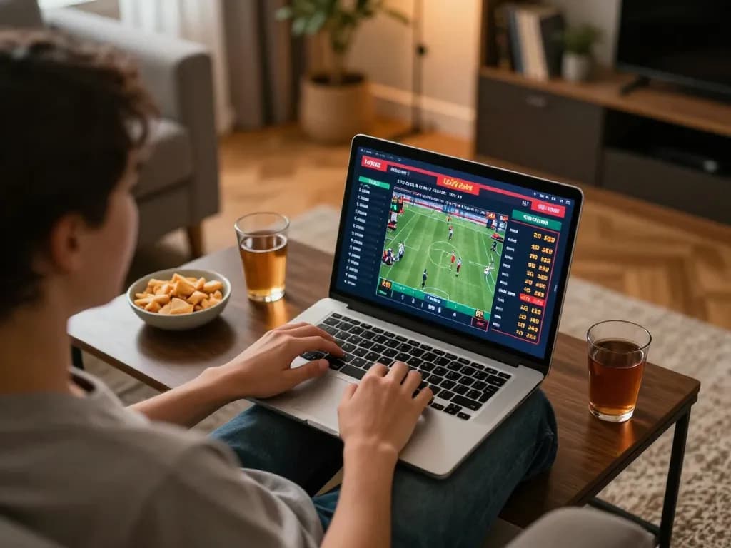 Kuwin player engaged in dynamic online sports betting from a cozy living room setup, showcasing live odds.