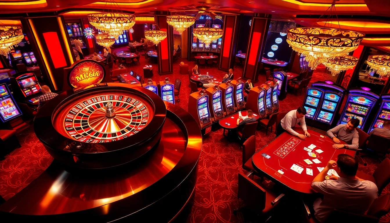Experience the excitement of mm66 casino with players engaged in thrilling roulette and poker games.