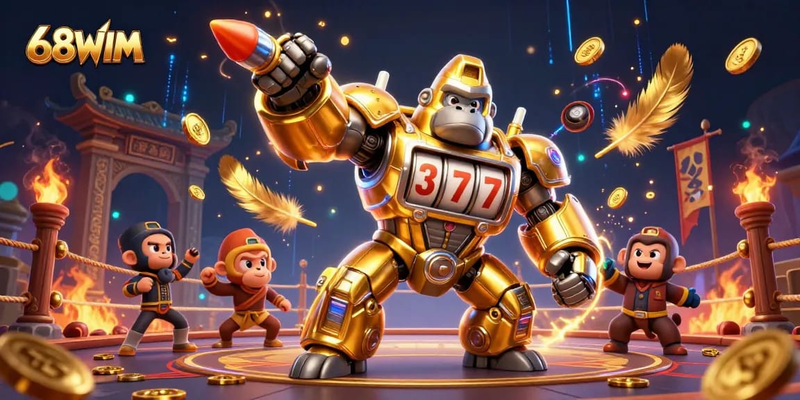 Engage with thrilling adventures at 68WIM, featuring a dynamic golden gorilla mech amidst vibrant casino gaming elements.