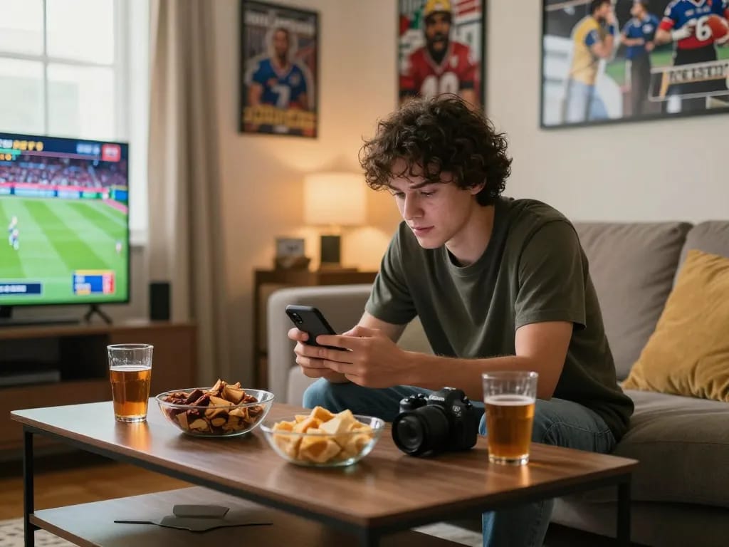 Player analyzing odds and placing bets on GO8 sports betting app during a home game night.