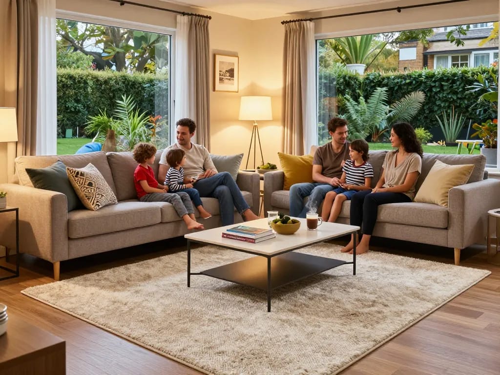 A family enjoys a cozy living room featuring affordable carpets London, creating a warm and inviting atmosphere.