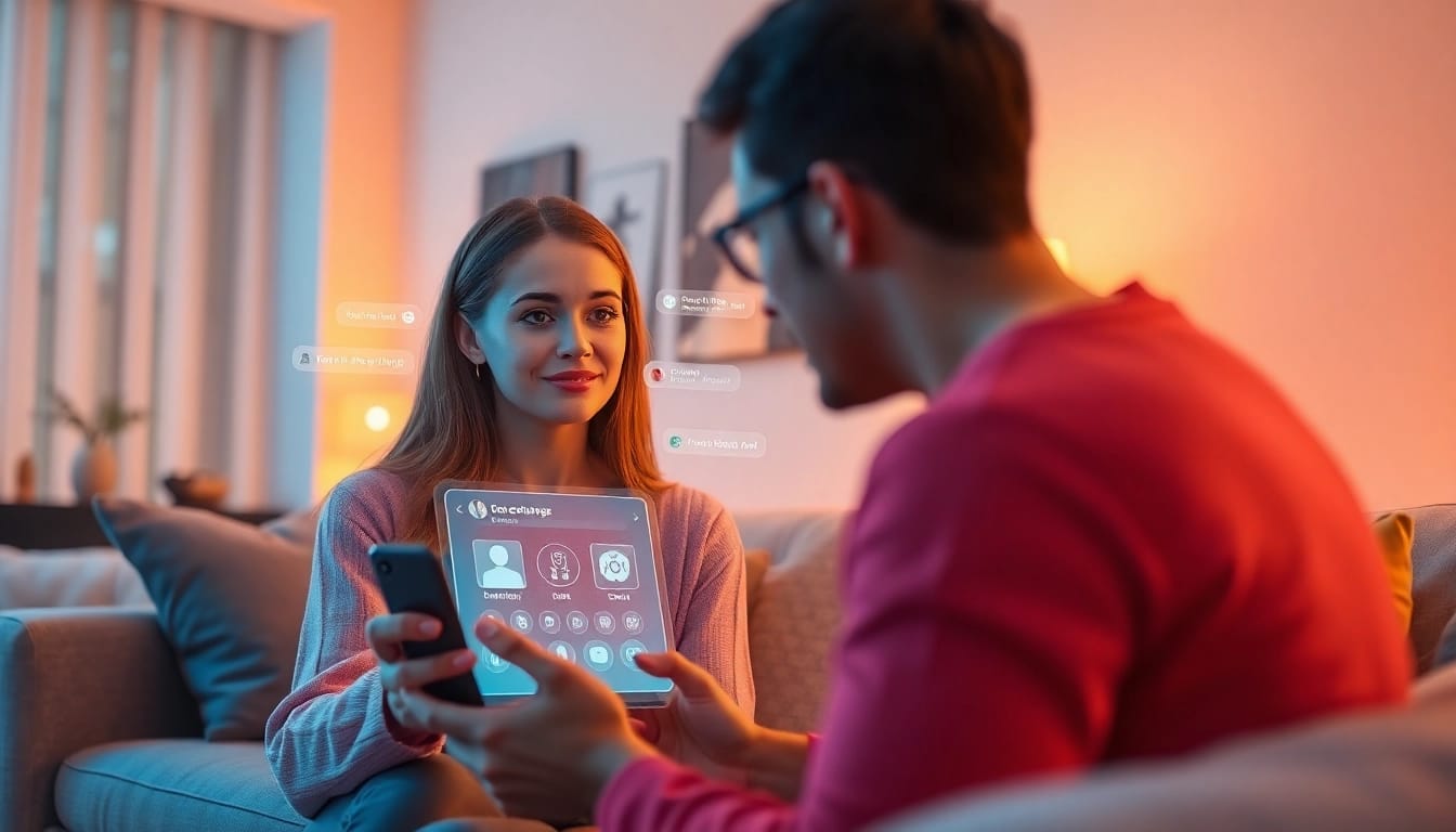 AI girlfriend engaging warmly with a user in a cozy digital space.