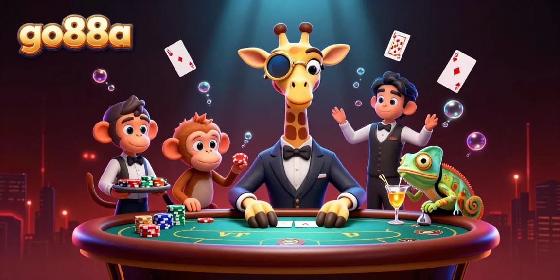 Experience the thrill of poker with go88a, featuring a high-roller giraffe at a VIP table.