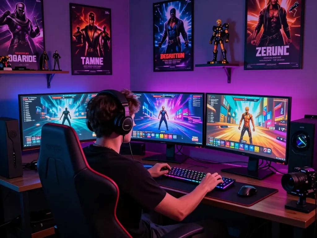 Gamer enjoying immersive porn games on multiple screens in a vibrant gaming setup.