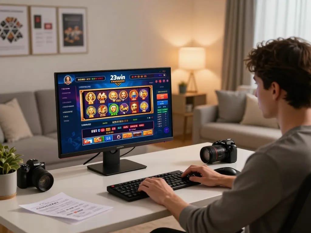 Player enjoying a thrilling online gaming session at 23win, engaging with vibrant casino games on a sleek computer setup.