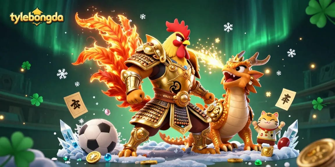 Tylebongda unveils a vibrant sports betting scene with a rooster warrior and dragon hatchling.