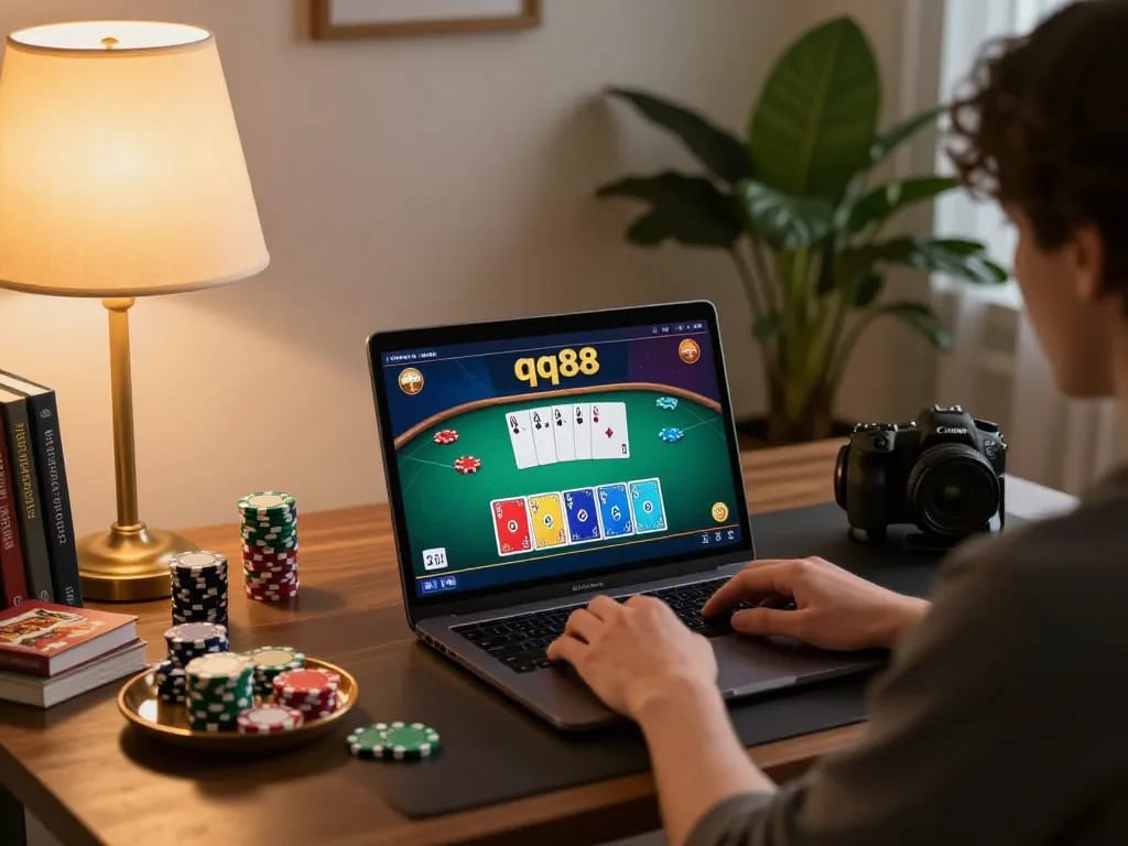 Experience immersive qq88 online gaming with a user engaged in a poker session at home