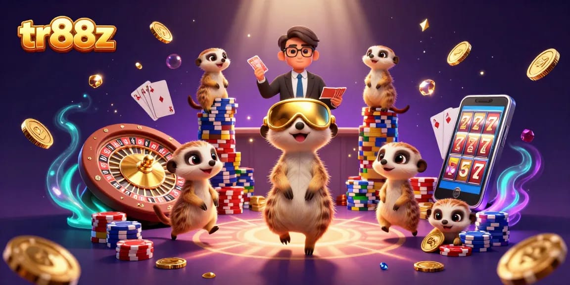 Engage with tr88z's thrilling casino scene featuring meerkats in action with scattered poker chips.