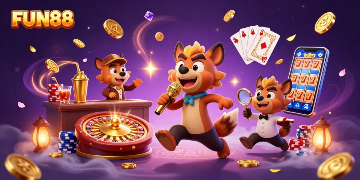 Experience FUN88 at a vibrant casino with animated hyenas, sparkling gems, and thrilling games.