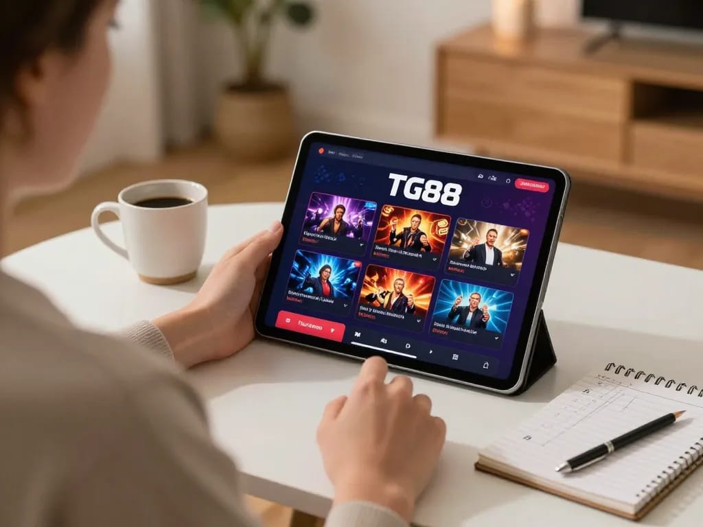 Engaging interaction with the TG88 online casino app on a tablet, showcasing responsible gaming