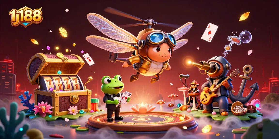 Experience thrilling gameplay at 1j188 with vibrant casino action featuring a dragonfly pilot and frog dealer.