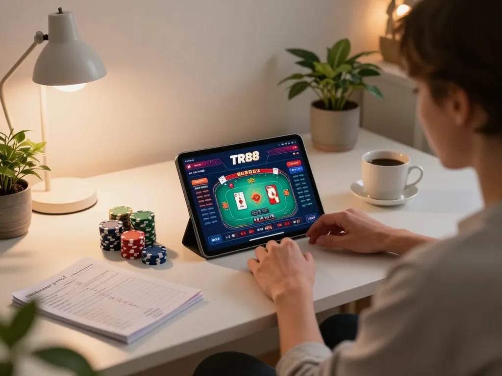 Players enjoying TR88 online poker with chips and strategy notes in stylish home setting