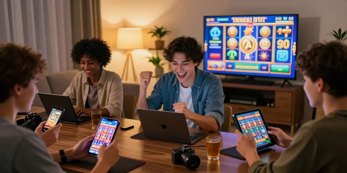 Players enjoying link slot gacor in a cozy home gaming atmosphere with vibrant screens and celebratory mood.