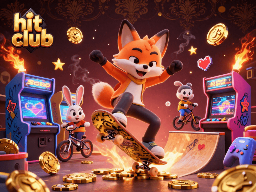 Engage with the hit club featuring a 3D fox skateboarder and rabbit in a vibrant casino arcade