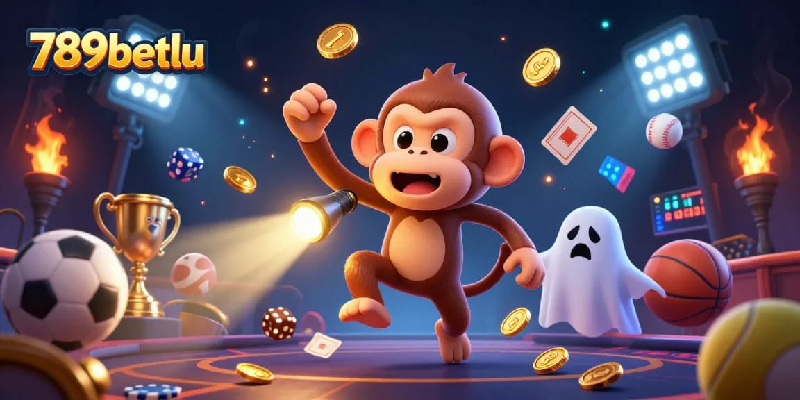 Engage in thrilling bets with 789betlu at a haunted casino featuring a mischievous monkey juggling golden objects