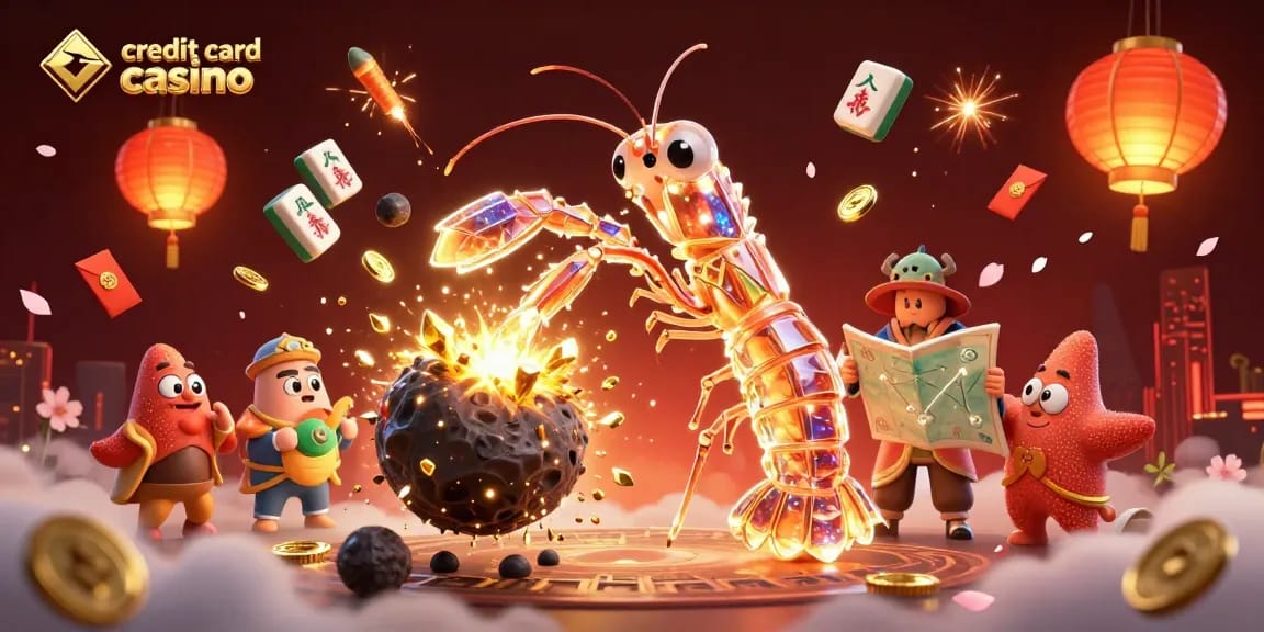 Experience the thrill of a credit card casino with cartoon mantis shrimp in armor amidst gaming symbols and vibrant elements.