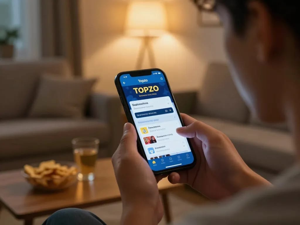 Engaged player using the Topzo app for online gambling safely and responsibly in a cozy setting.