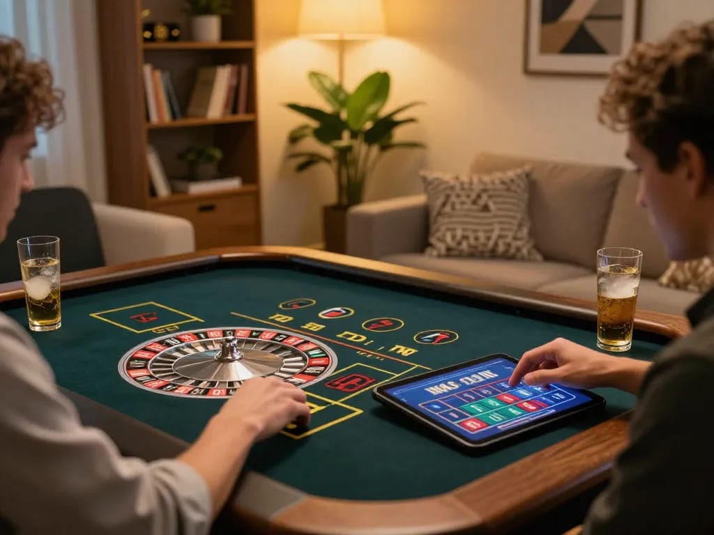 Player using tablet for online roulette at home, illustrating responsible gaming practices with kk44.