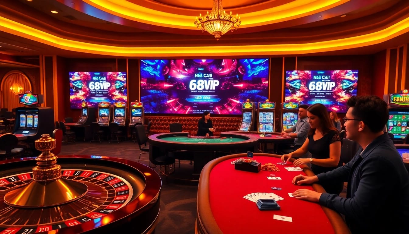 Thrilling online gaming experience at Nhà Cái 68VIP, featuring roulette, poker, and vibrant slot machines.
