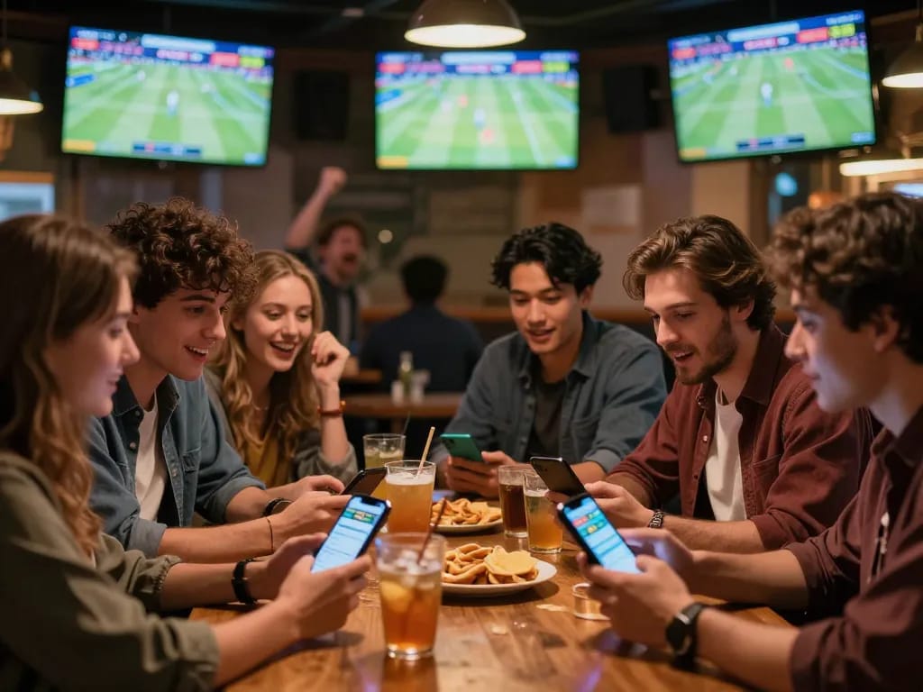 Friends enjoying sports betting while discussing strategies at a lively bar, 7mcn highlight