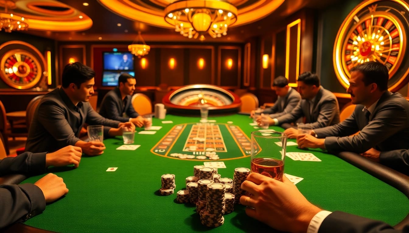 Engaging poker scene showcasing tactical gameplay at luongsontv, with vibrant colors and lively atmosphere.