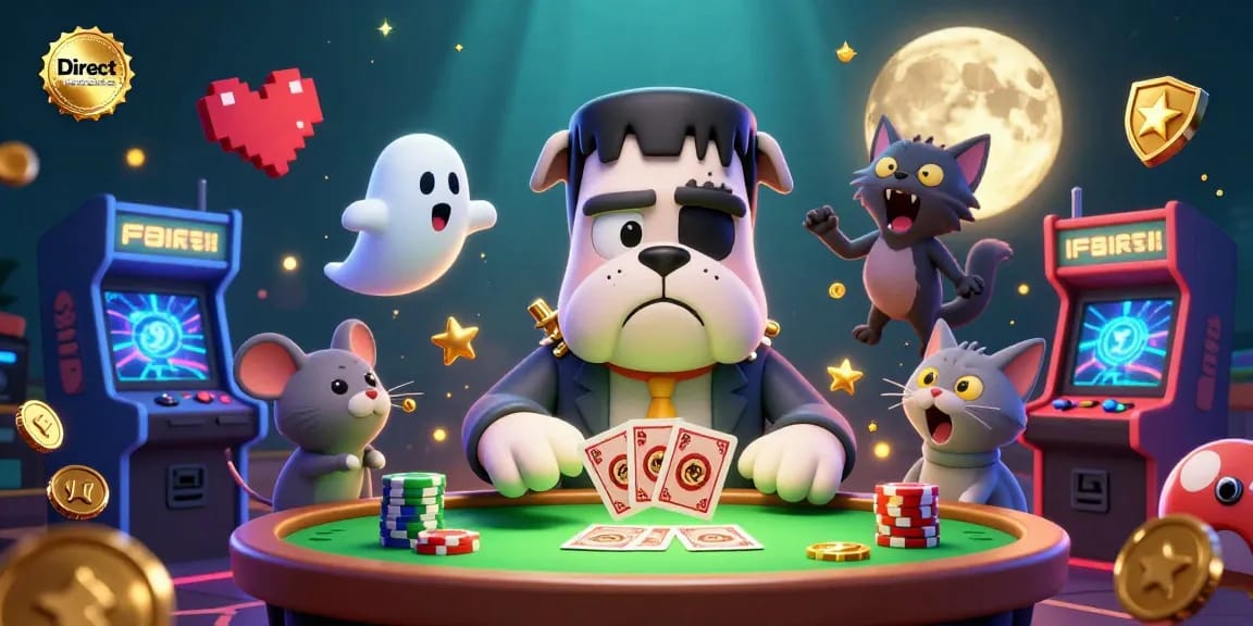 Play slots on the Direct website with vibrant 3D illustrations of whimsical characters and casino elements.
