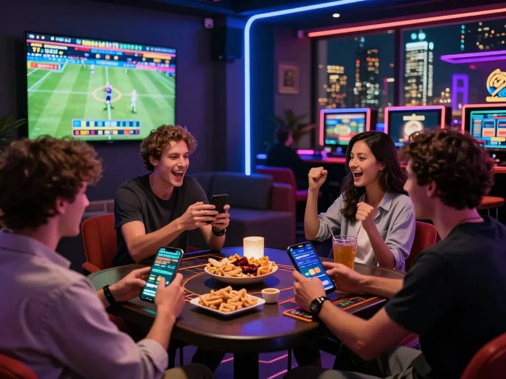 Exciting group of friends enjoying online betting at https://rikbet.in.net/ with vibrant city skyline backdrop and modern gaming lounge ambience.