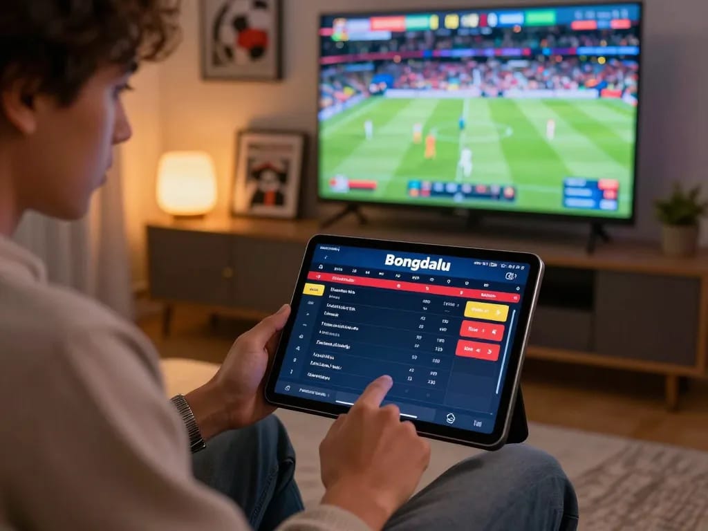 Bongdalu ngoại hạng anh betting scene showing user strategizing with tablet and sports memorabilia