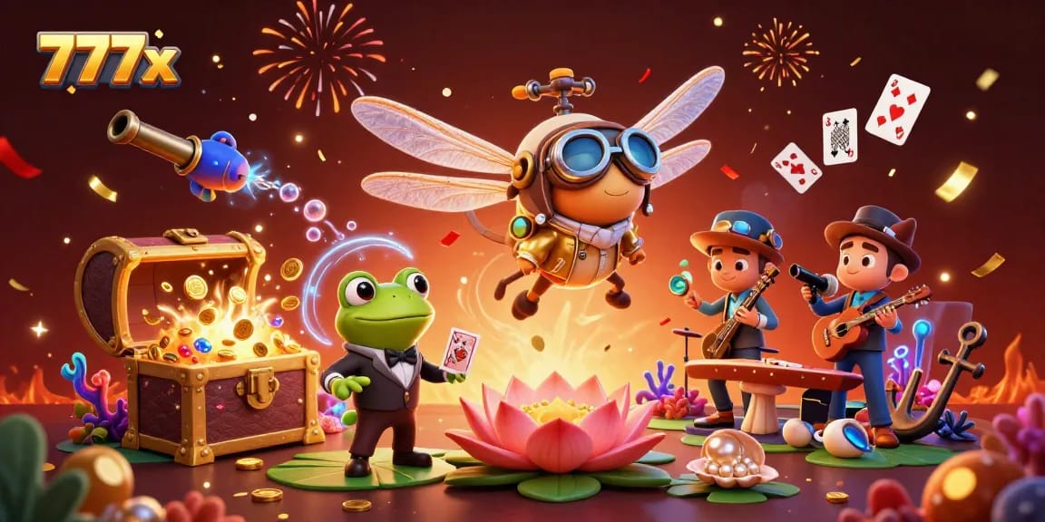 Experience the thrill of 777x as the dragonfly pilot hovers above a vibrant lily pad casino, amidst jazz-playing crickets.