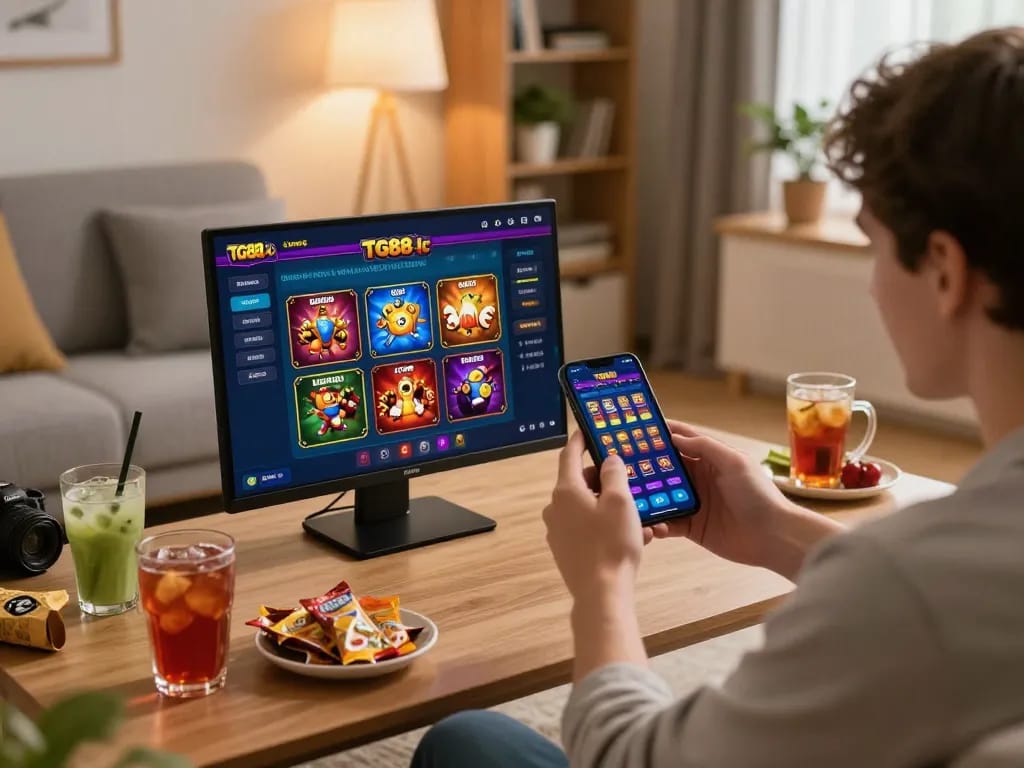 Player engaged with TG88-lc mobile app for casino gaming in a cozy home setting, showcasing strategic play