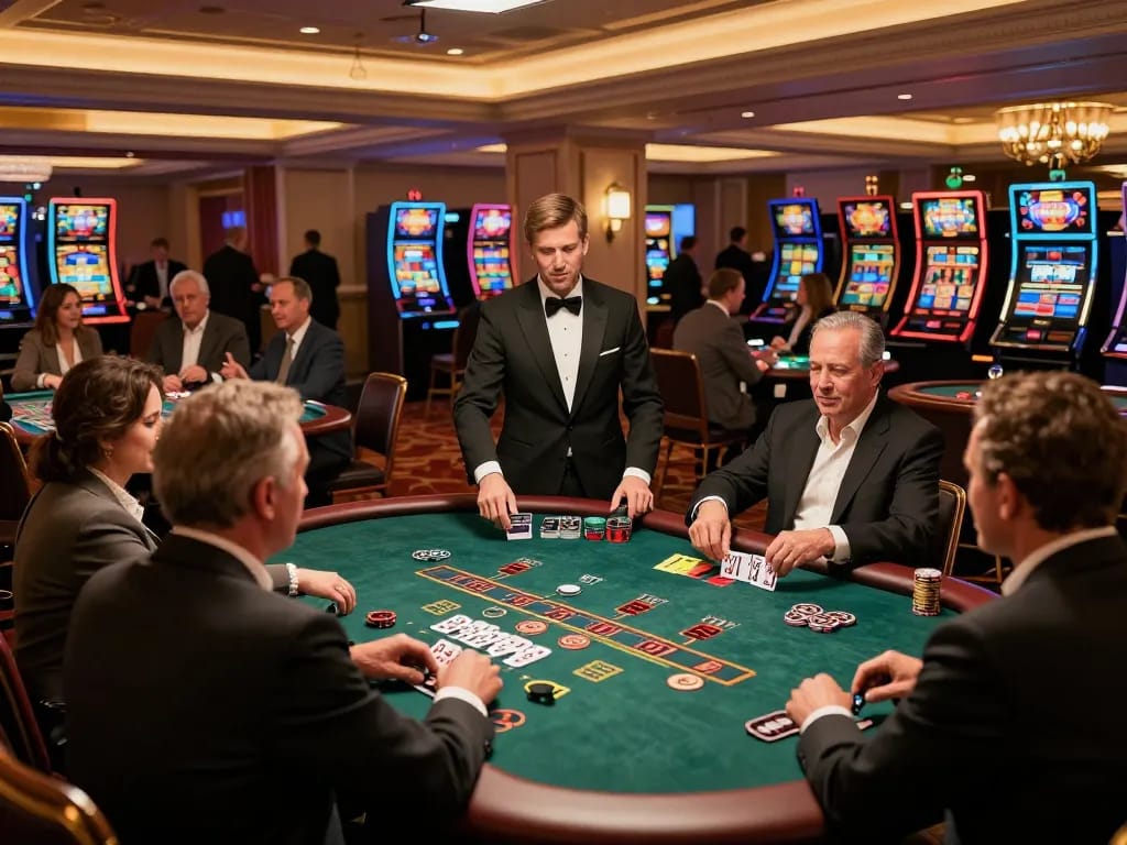 Engaged players at an elegant 555WIN live casino, celebrating wins at blackjack tables.