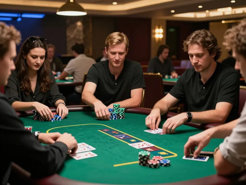 Players competing in an intense poker game at a luxurious casino, reminiscent of xfzc168.