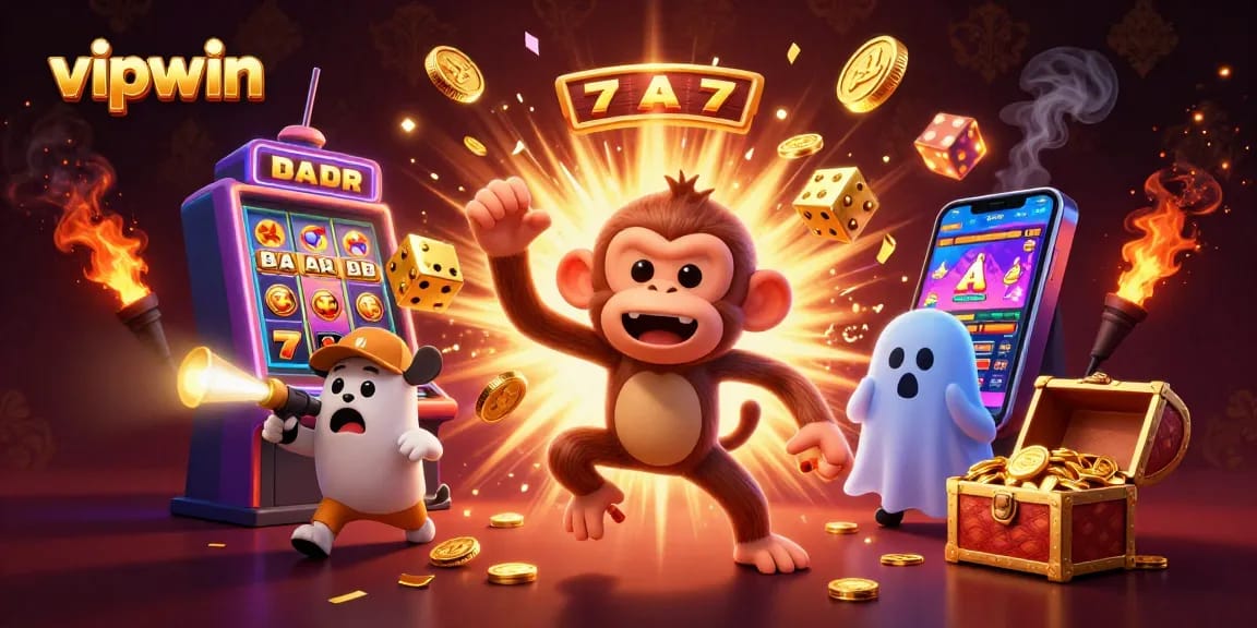 Experience thrilling jackpots at vipwin with a mischievous monkey and ghost-hunter puppy in an exciting casino scene.