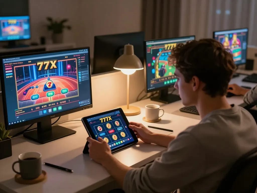 Engaging gaming experience on the 777x app, showcasing a cozy home setup with a player at the tablet.