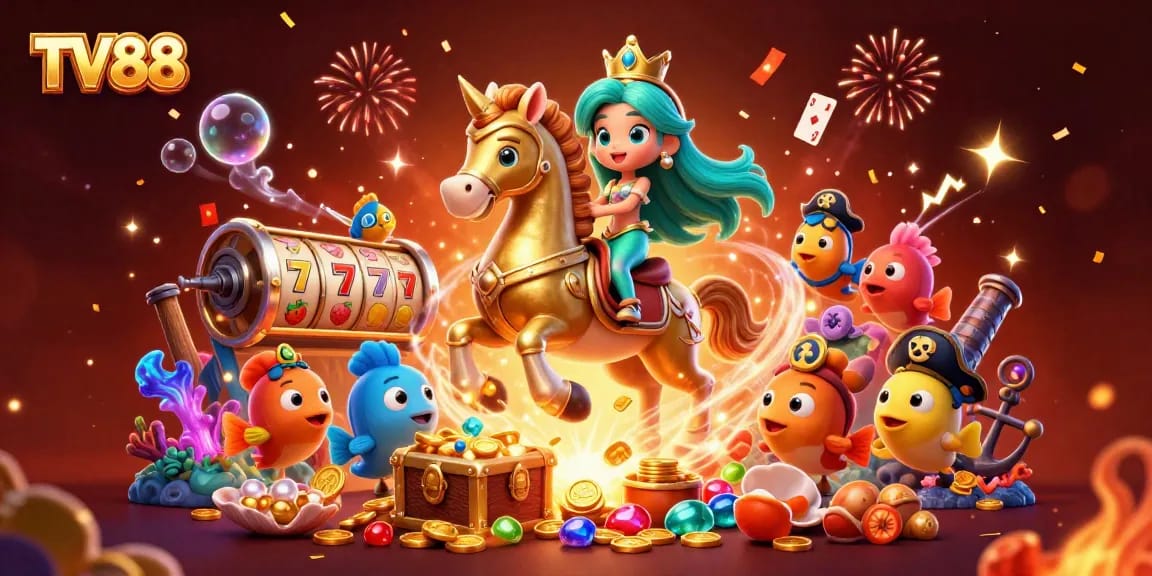 Experience excitement at TV88 with the dynamic underwater casino scene featuring treasure chests and colorful characters.