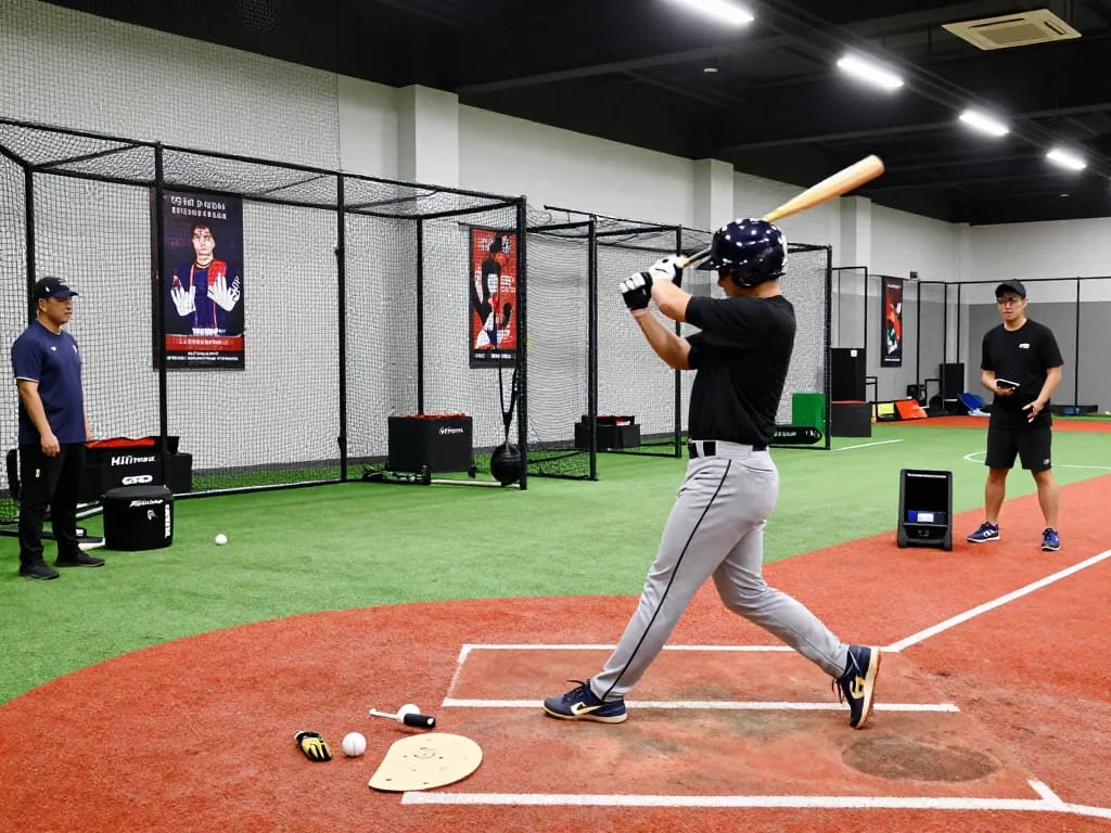 Hitclub athlete training in a modern batting facility using HitTrax technology for performance analysis.