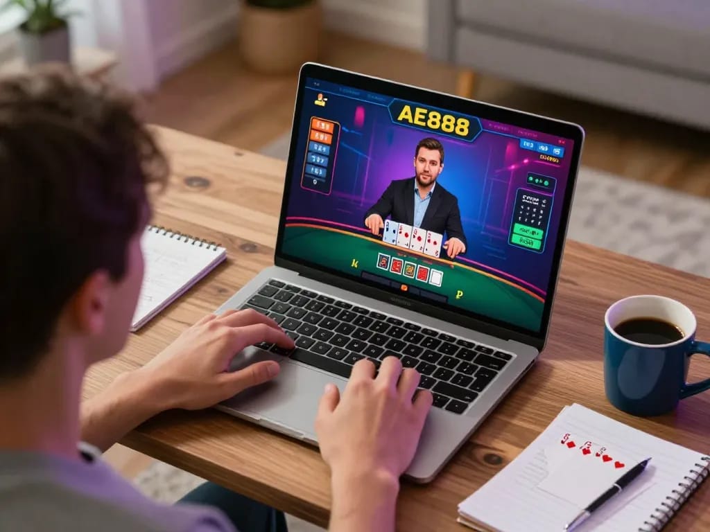 Engaging online blackjack gameplay on AE888 at home with laptop and strategic notes